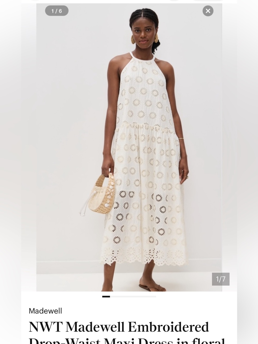 Madewell Embroidered Drop Waist Sleeveless Floral Eyelet Maxi Dress in Cream